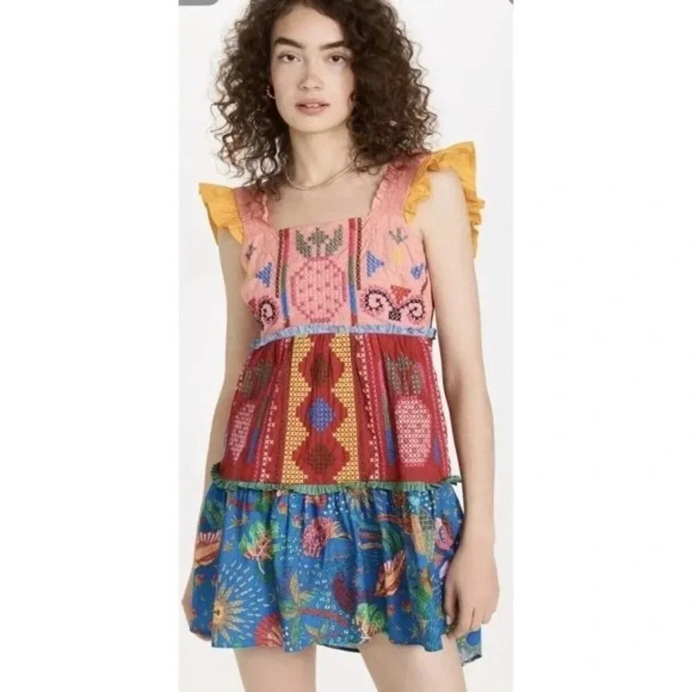 Farm Rio colorblock embroidered tropical tiered ruffle mini dress - Picture 2 of 13